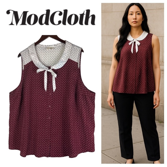 Modcloth Shirt Top Blouse Sz 3X 22 24 Polka Dot Peter Pan Retro Burgundy White - Picture 1 of 5